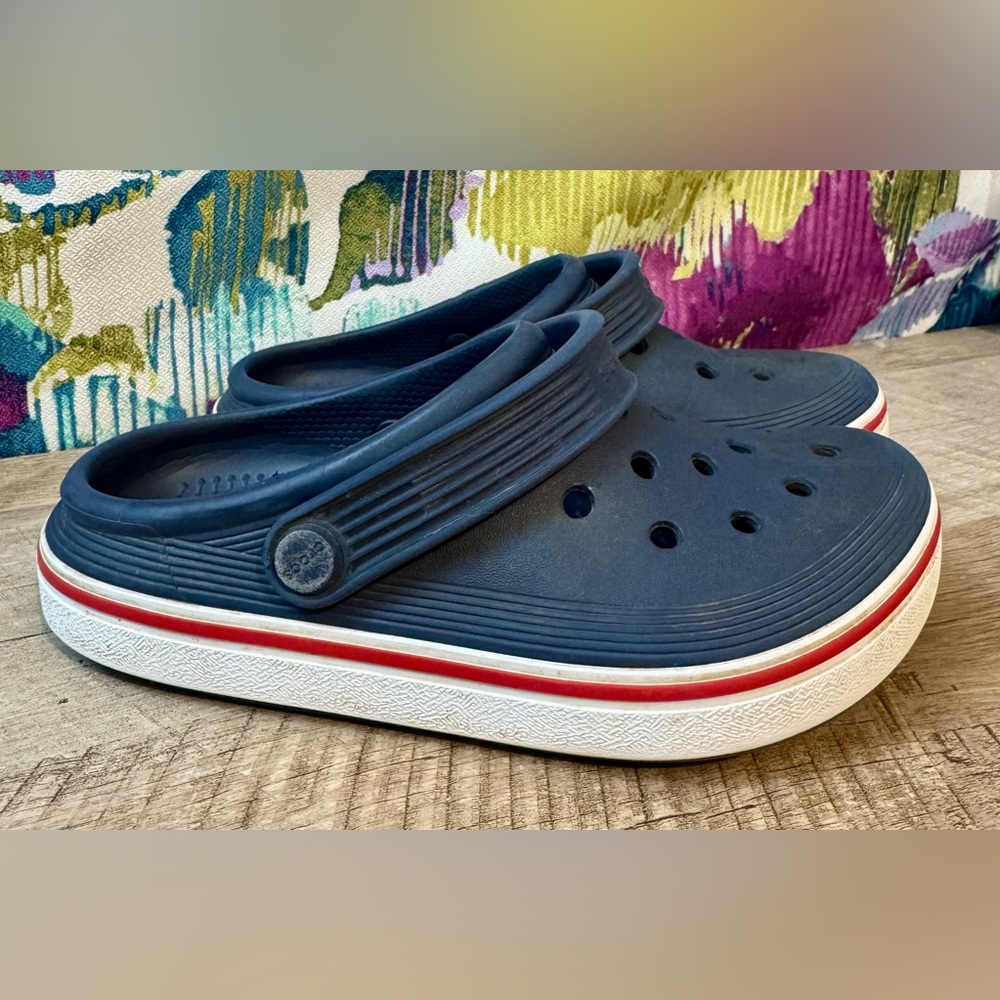 Kids Navy Blue Clogs with Red Stripe